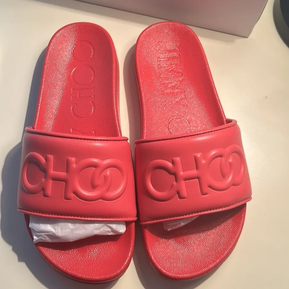 Jimmy Choo Womens 37 Azari/F Leather Embossed Slides Sandals Dragon Fruit Pink
